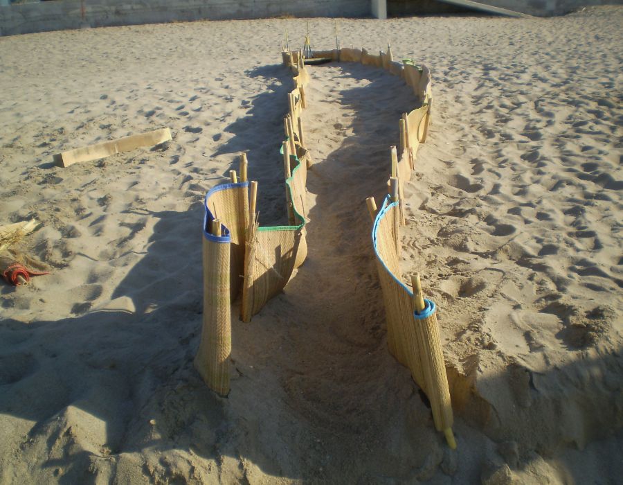 Sandy beach area in Rethymno, Crete, featuring a protected nesting site for sea turtles, marked by a pathway of wooden barriers.