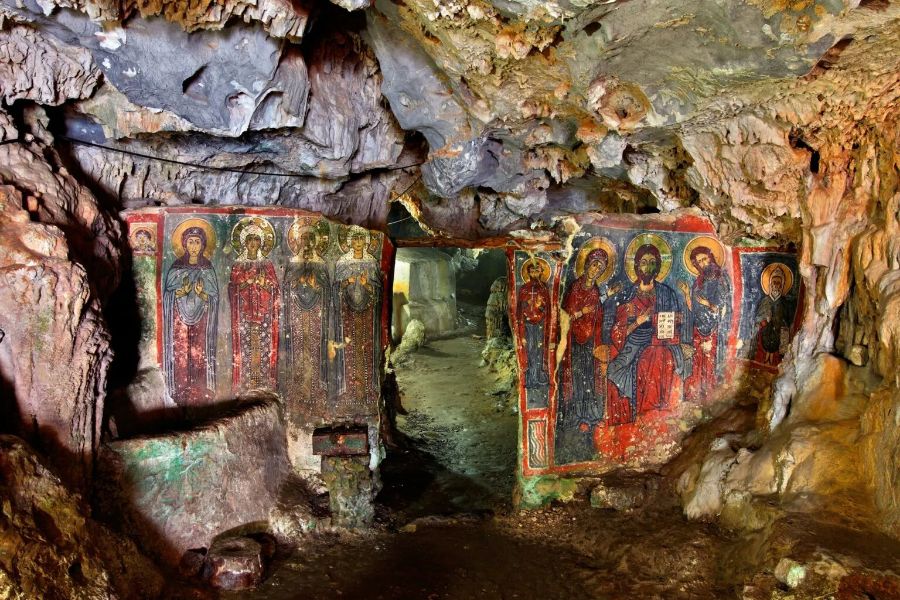 Entrance to the Cave of Agia Sofia with Icons to the Both Sides in Kythira Island Greece. 