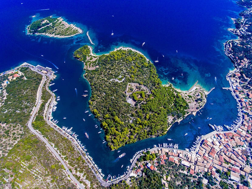 Best Things to do in Paxos Greece, aerial view of Gaios and the 2 islets