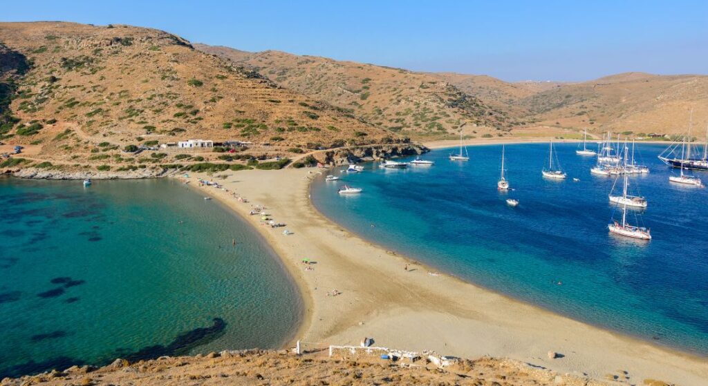 The double beach of Kolona in Kythnos Greece