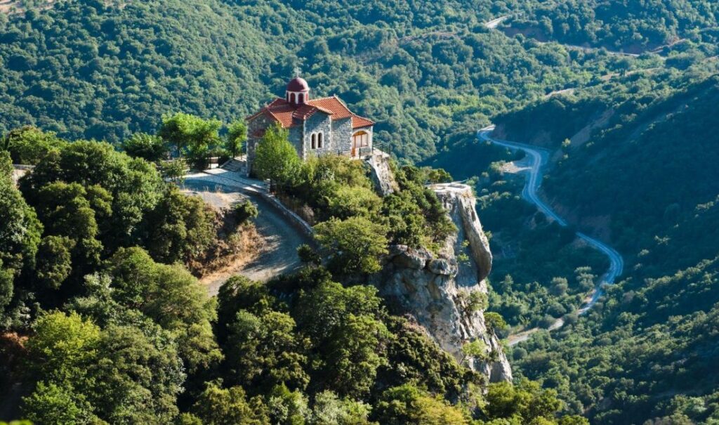 Lousios Gorge in Menalon in the mountain full of trees taken of a drone. Ski resorts in Greece.