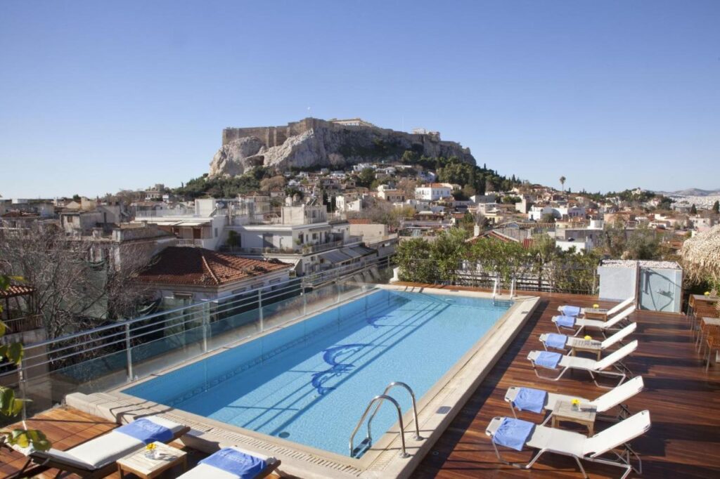 Electra Palace hotel in Athens with a swimming pool and Acropolis view