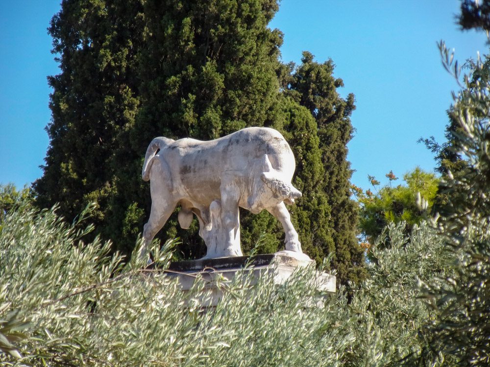 The marble bull from the tomb of Dionysius of Collice amongst olive trees