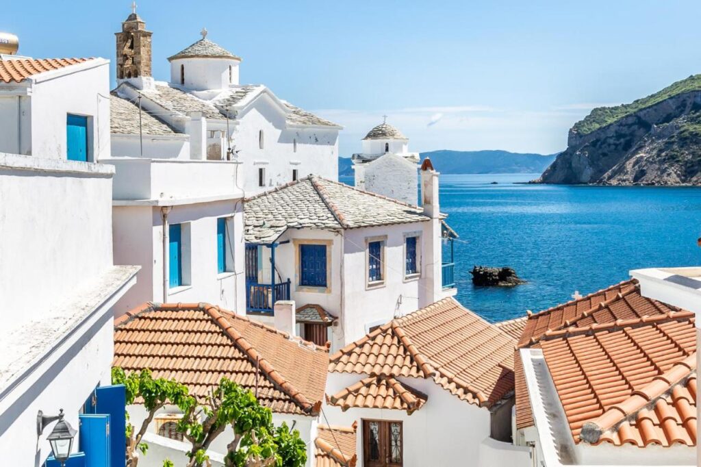 Thimisi Hotel terrace views of the sea in Skopelos Greece