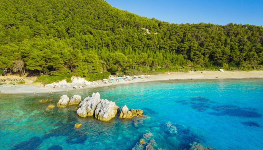 Milia Beach with turquoise waters in Skopelos Greece
