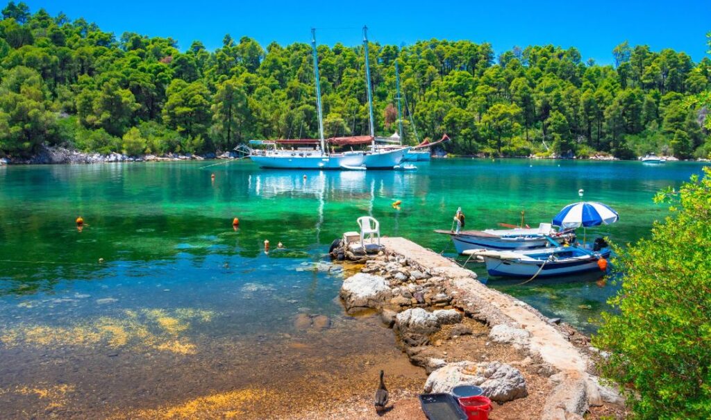 Panormos Bay in Skopelos Greece with many trees and boats