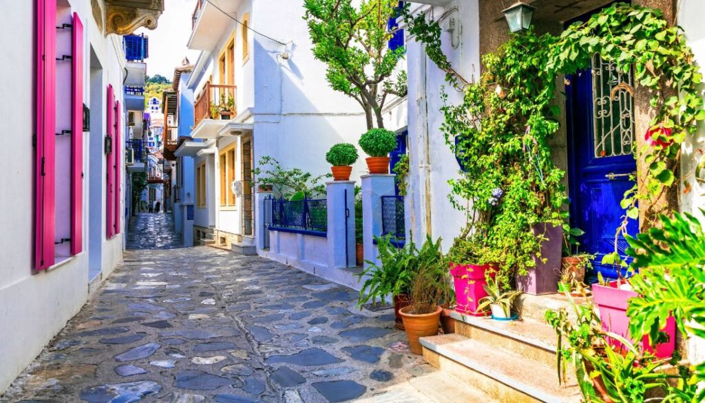 Skopelos Greece Chora colorful alleys