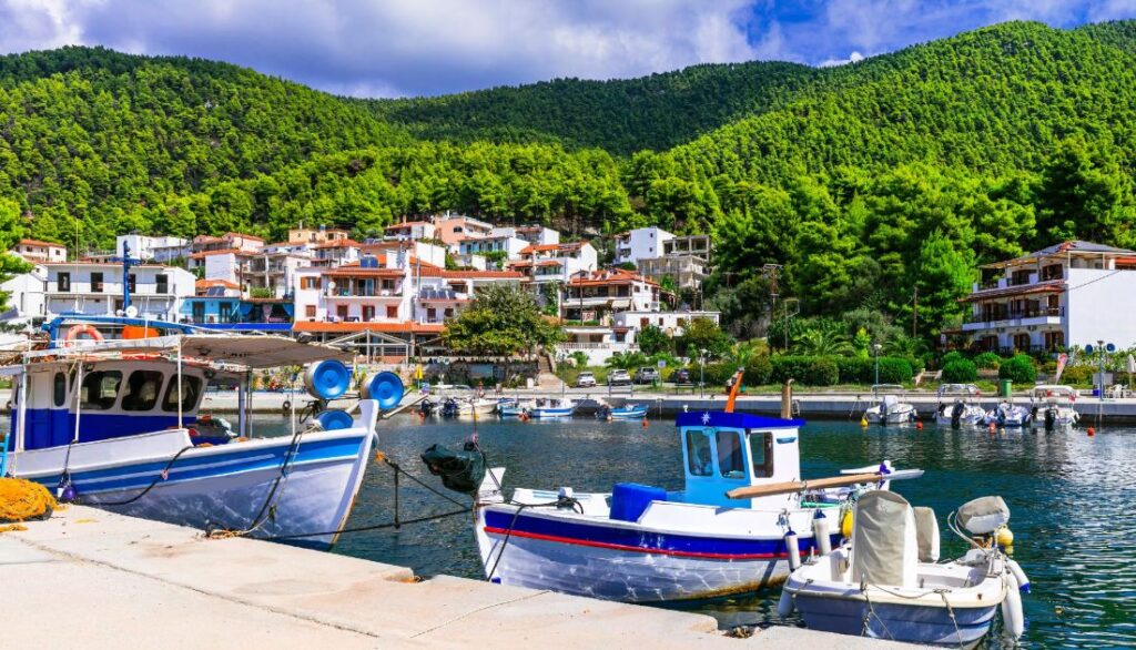 Neo Klima village with fishing boats in Skopelos Greece