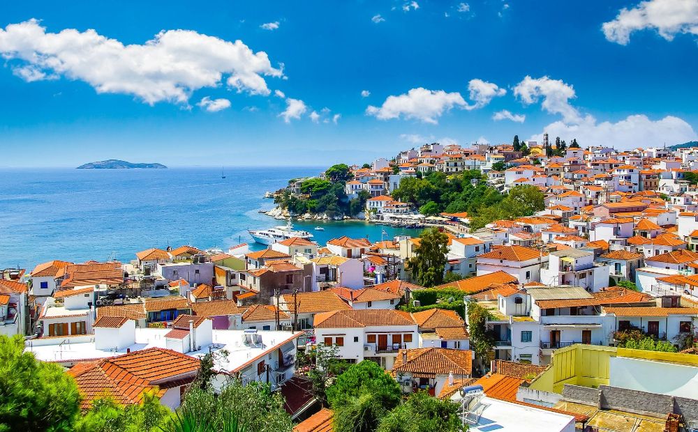 Skiathos Greece beautiful town with toled roofs.