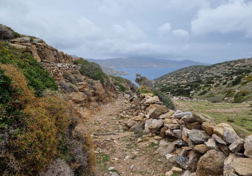 Hiking trail with sea view in Amorgos Island Greece.