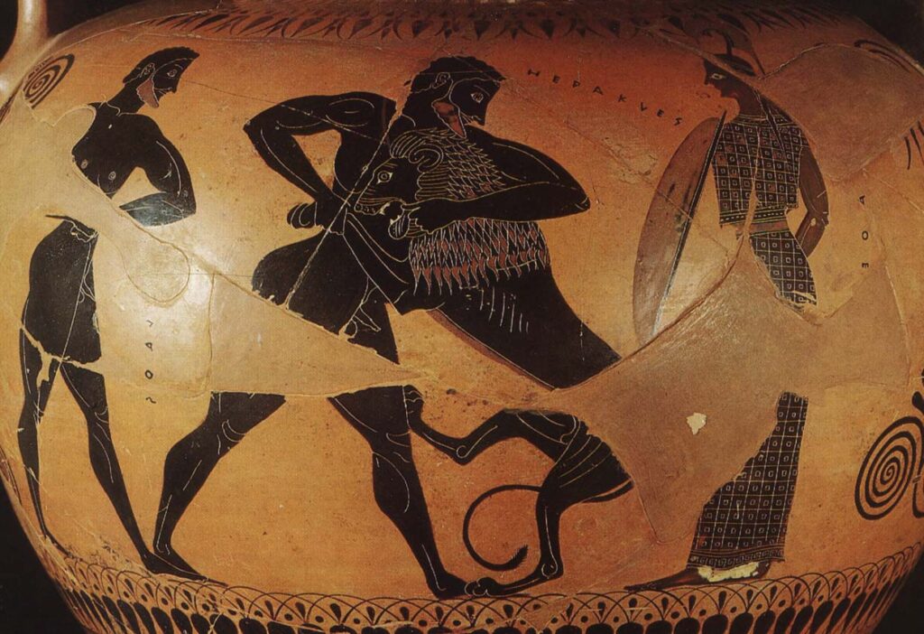 The struggle of Heracles against the Nemean lion. Red-figure amphora. Attic. Ca. 550 BCE. Staatliche Museen zu Berlin