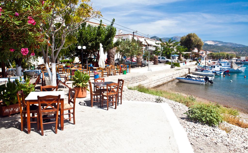 Things to Do in Samos Greece,  Marathokampos village wigth a tavern and fishing boats