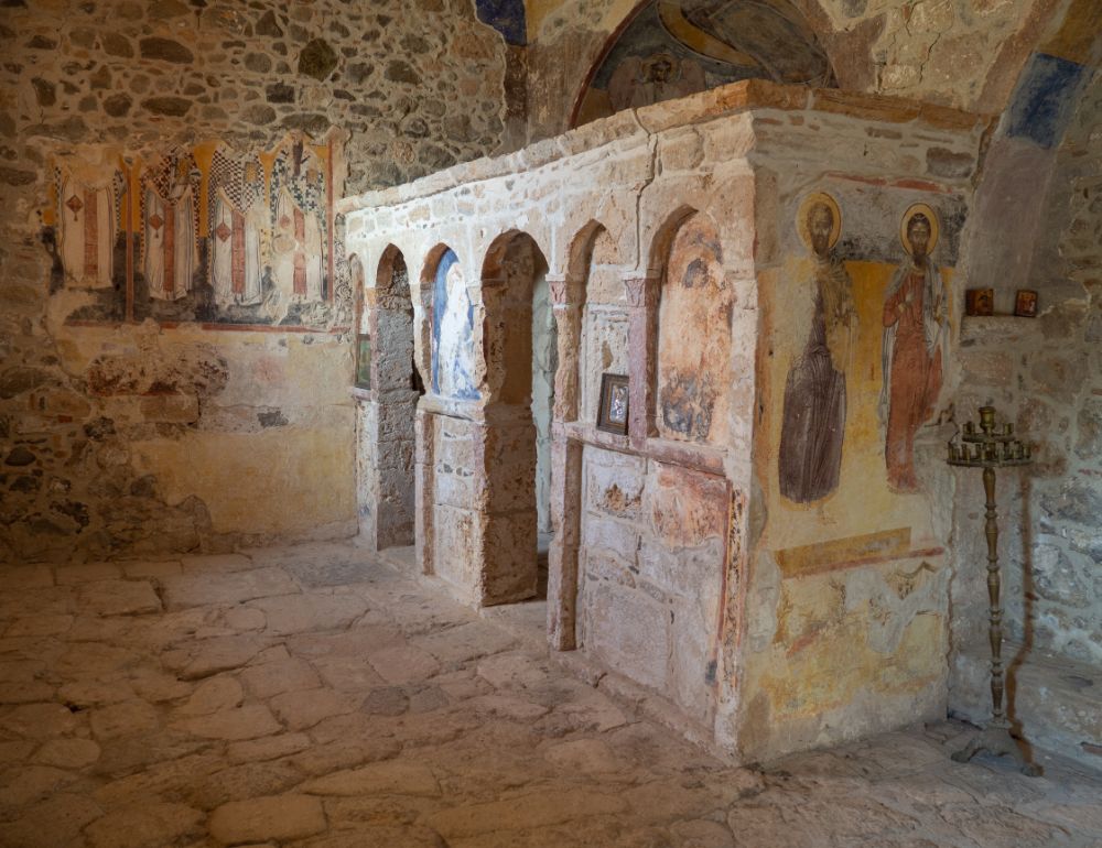 The interior of the church of Saint George with frescoes in Aegina.