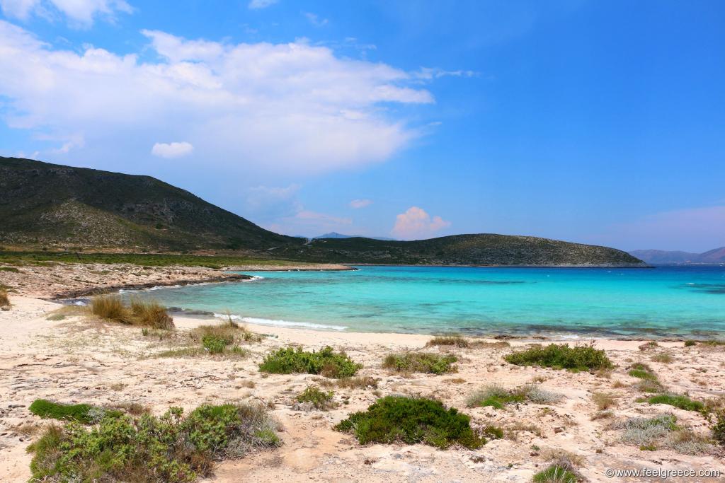 The sandy Lefki beach with low bushes in Elafonisos