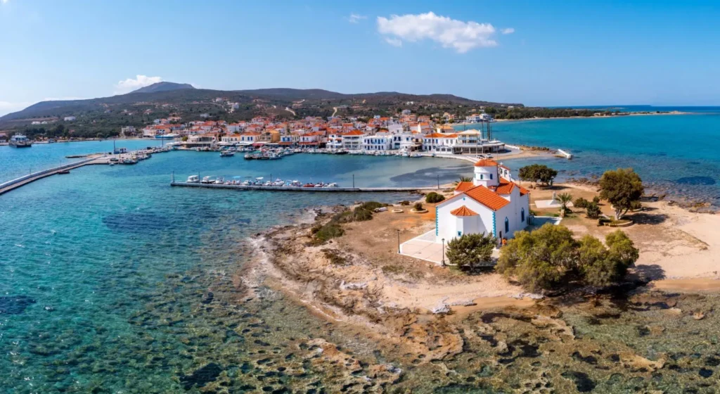 Elafonisos port with a church from a drone