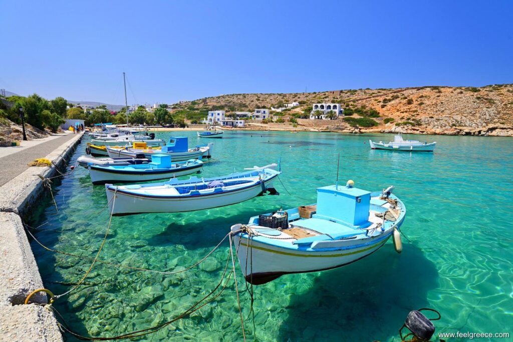 The port of Agios georgios in Iraklia Greece and small fishing boats