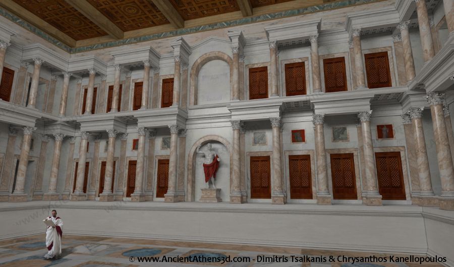 A digital Reproduction model of the bibliostasio inside the Library of Hadrian. 