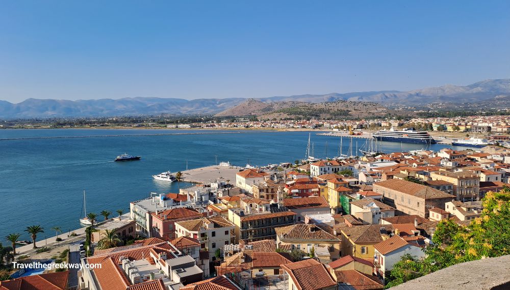 Overview of Nafplio town and the seafront in Greece.