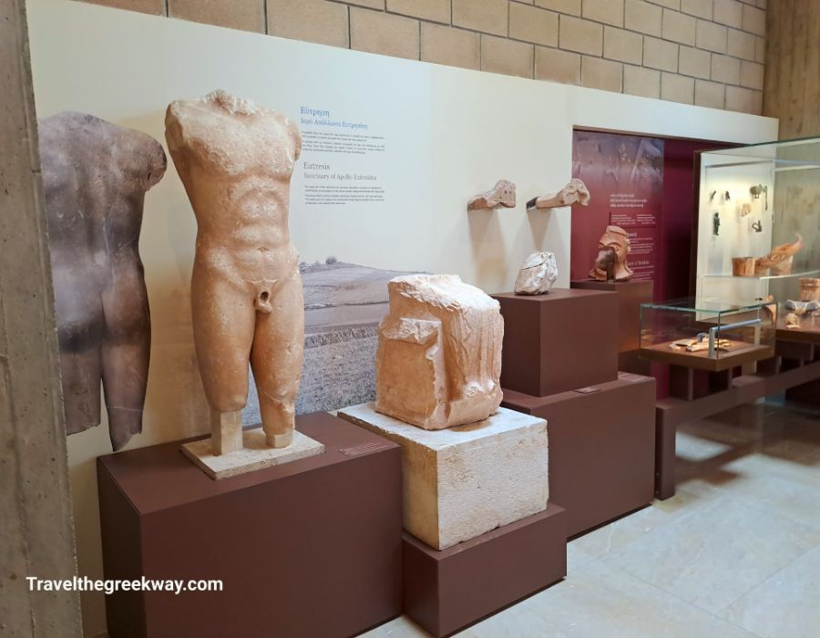 Kouros statue inside the archaeological museum in Thebes Greece.