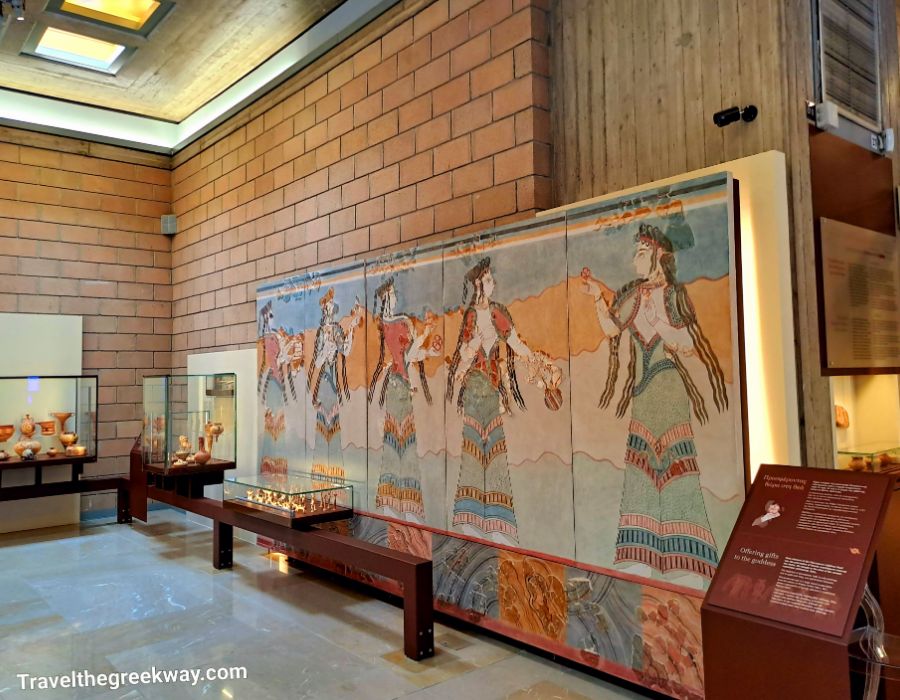 Wall mosaics with women inside the archaeological museum in Thebes Greece.
