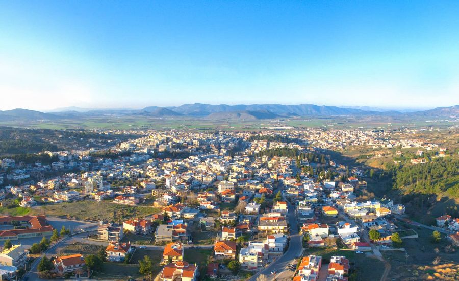 Thebes Greece and surrounding hills taken from a drone. 
