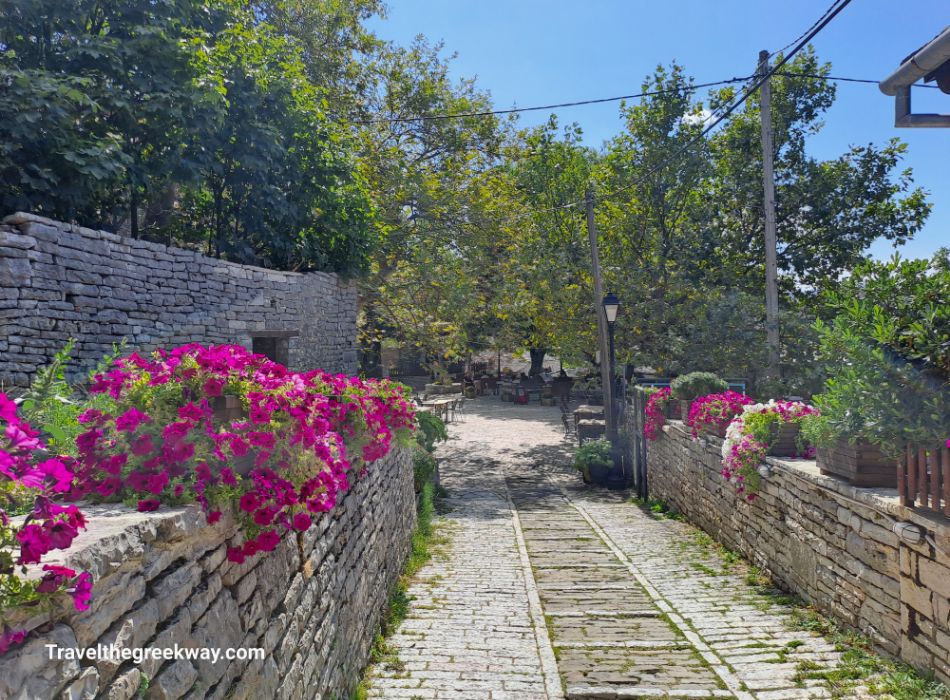 A cobblestone alley flanked by pots with fucshia and white flowers in Monodendri Greece.