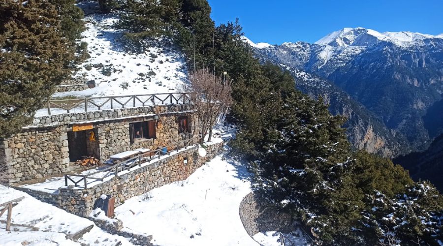 Crete in winter. Samaria gorge covered in snow in February.