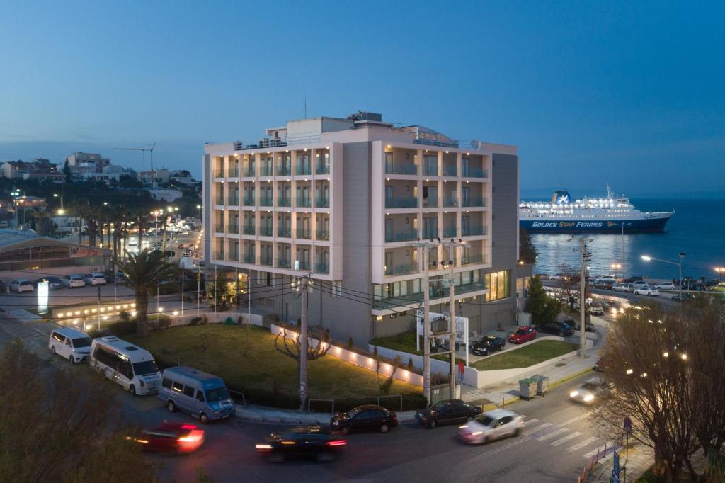 The building of Avra hotel in Rafina port, one of the Best Athens Hotels Near the Airport.