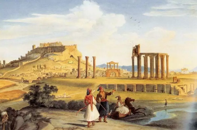 Old gravure depicting Acropolis, the Temple of Olympian Zeus and Hadrian's Arch in Athens Greece.