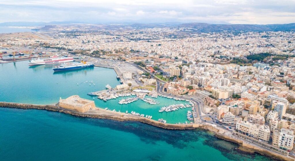 Heraklion town and port in Crete froma  drone. 