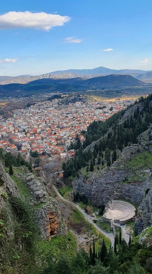 View of LIvadia Greece and the stone theater from a mountain. 