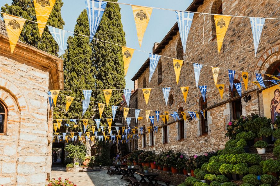 A Monastery decorated with many small flags in Skiathos in Greece. 