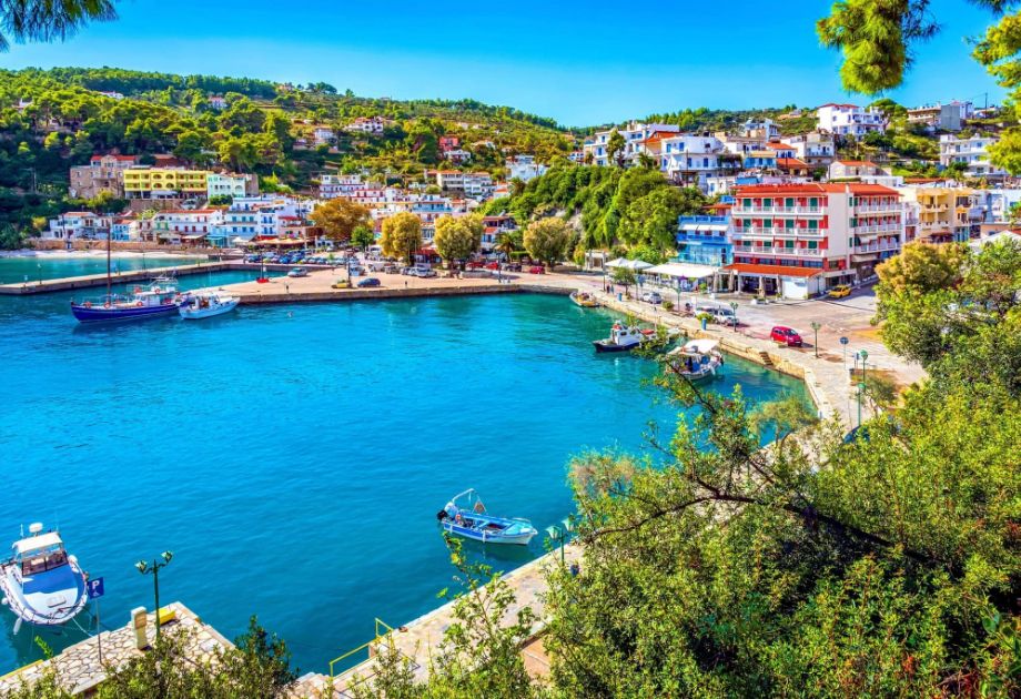 A scenic view of Patitiri port in Alonissos, Greece, showcasing colorful fishing boats moored along the quay against a backdrop of traditional white-washed buildings.