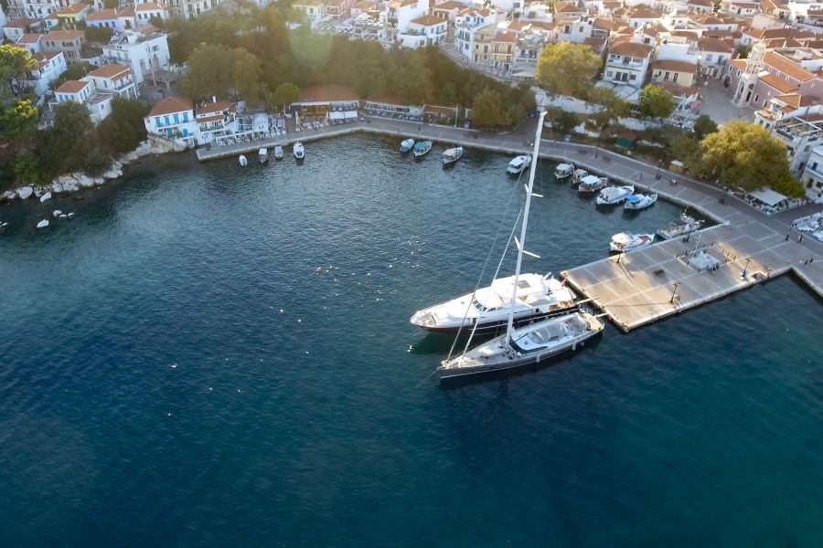 An overview of the pier of Skiathos port where a scene of mamma Mia was filmed. 