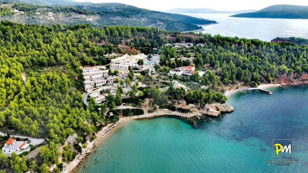 Aerial view of Alonissos Beach Bungalows and Suites Hotel in Sporades. 