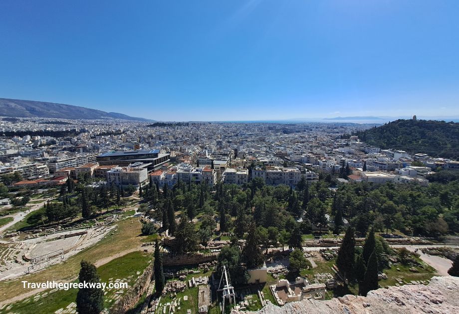 Koukaki and Philopappou Hill, view from Acropolis Hill in Athens. 