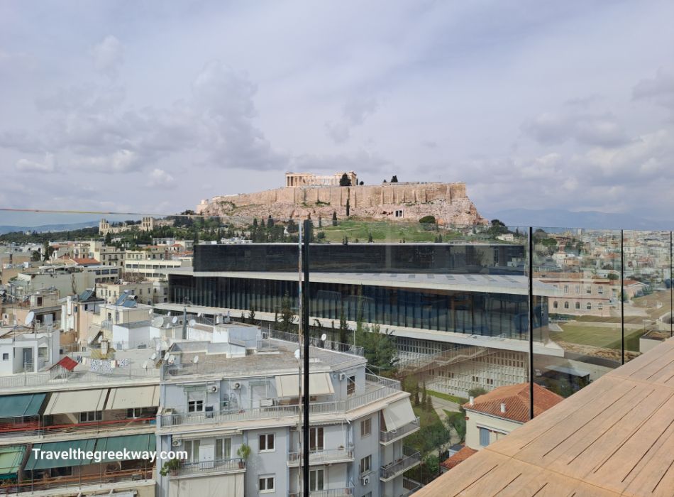 View of Acropolis and Acropolis Museum from the top of Coco-mat Athens BC.