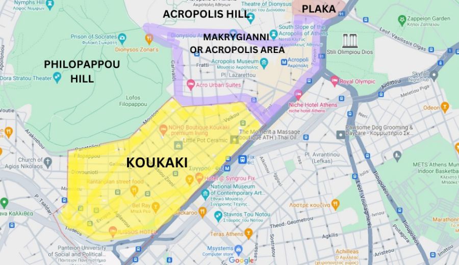 Map of central Athens indicating where Koukaki is.