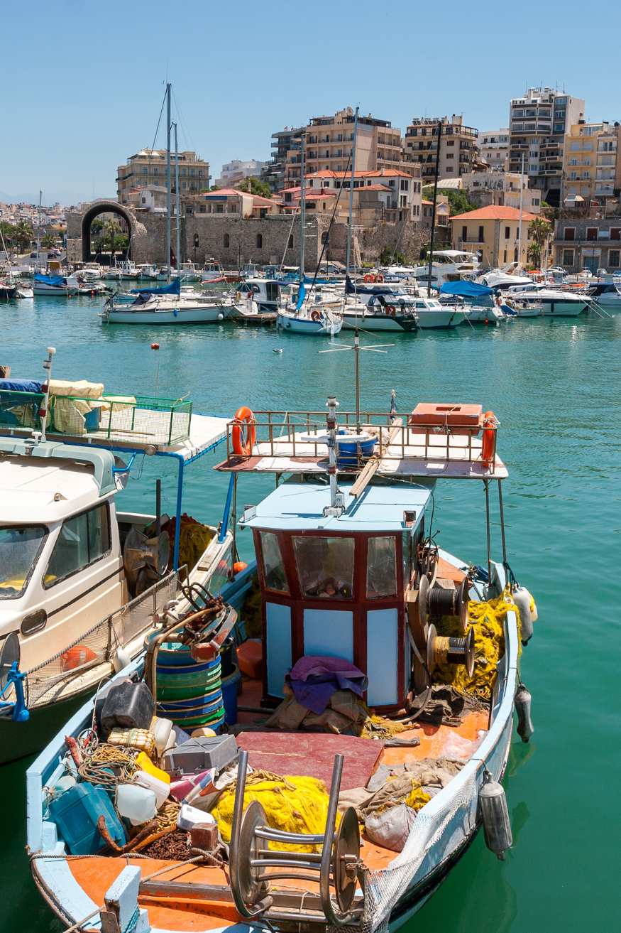 The Venetian port of Heraklion inn Crete with many small fishing boats.
