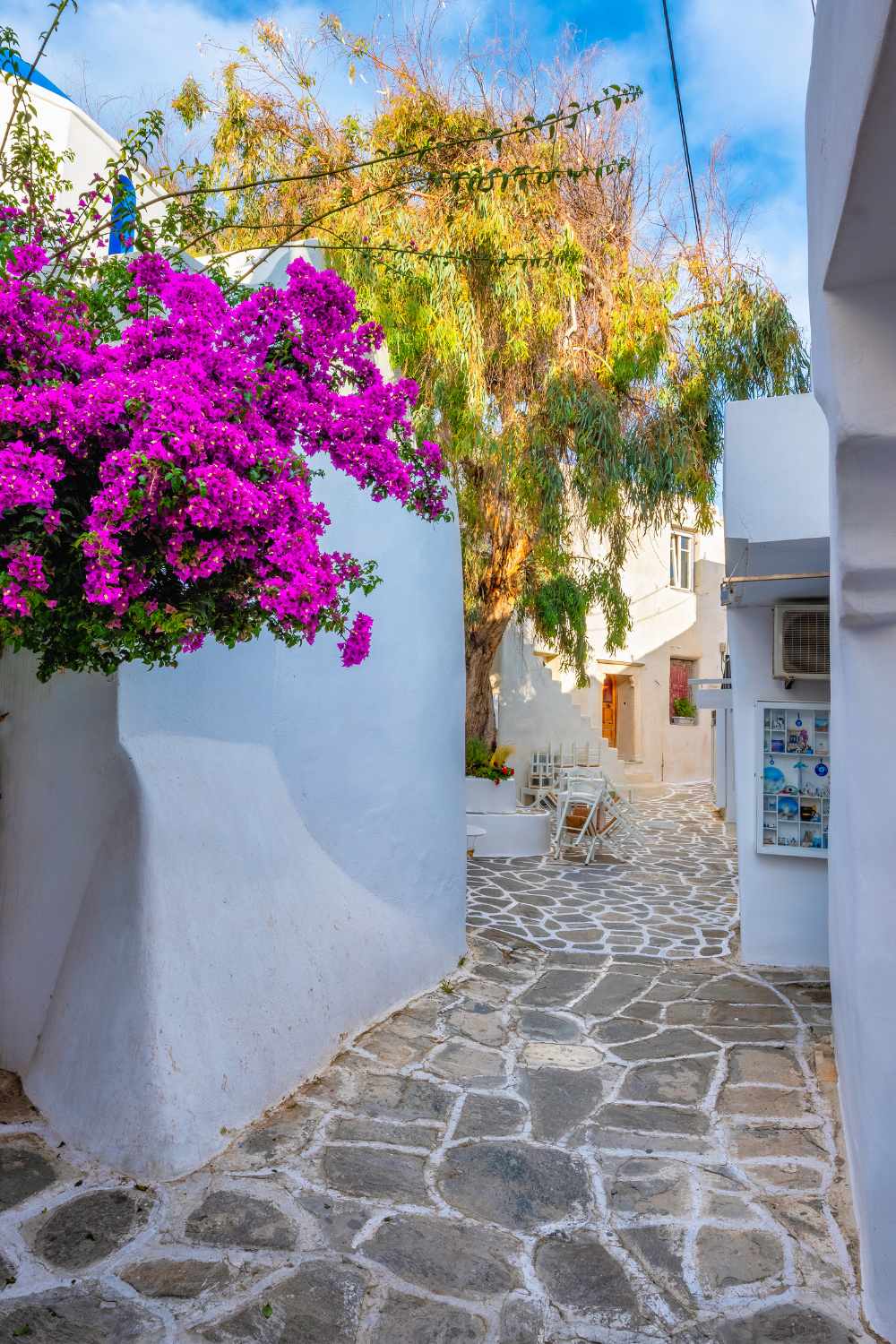 Narrow cobblestone alleyway in Paros, Greece, lined with whitewashed buildings and vibrant bougainvillea.