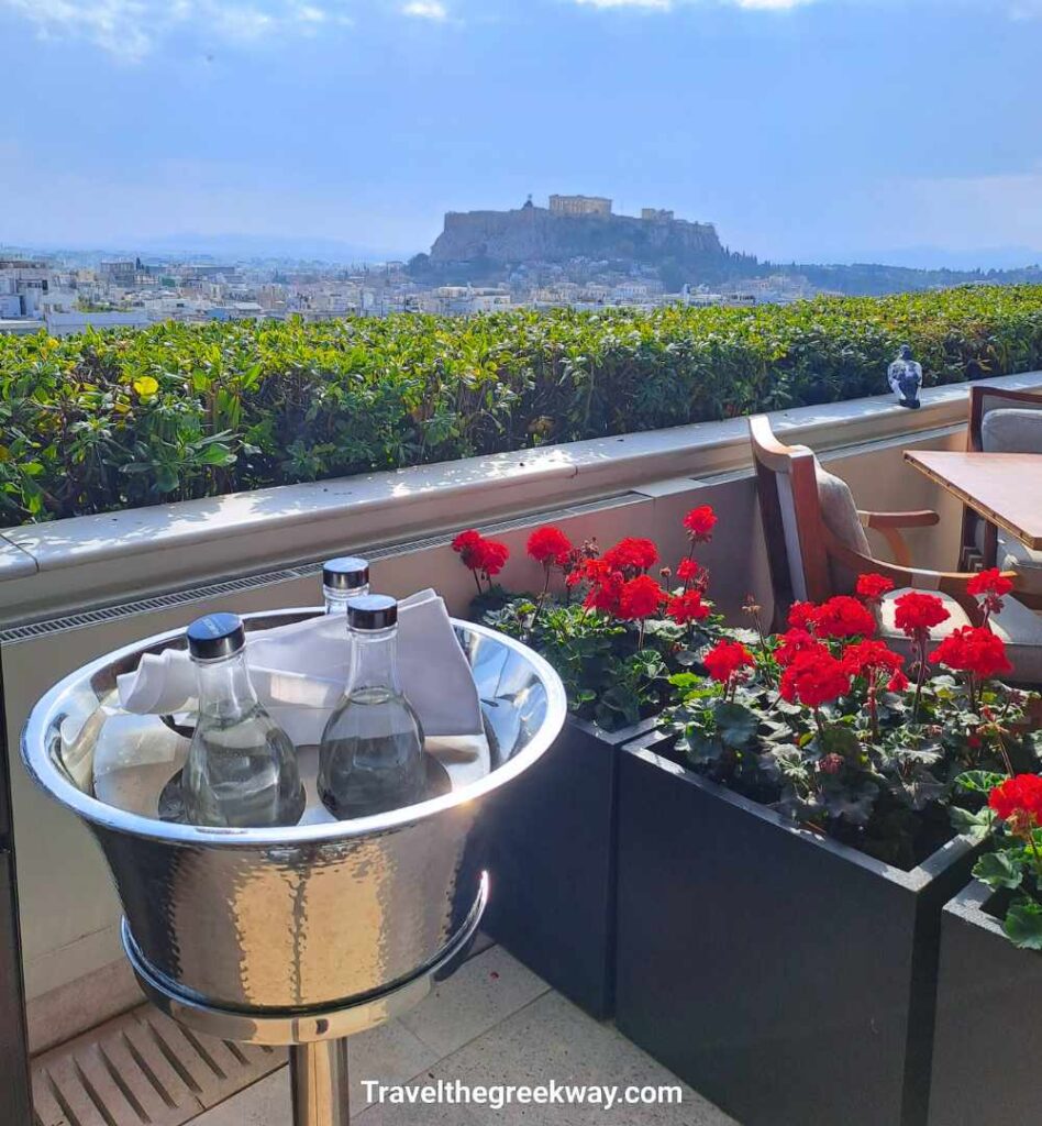Balcony view of the ancient Acropolis and Parthenon from the Hotel Grande Bretagne in Athens, Greece.