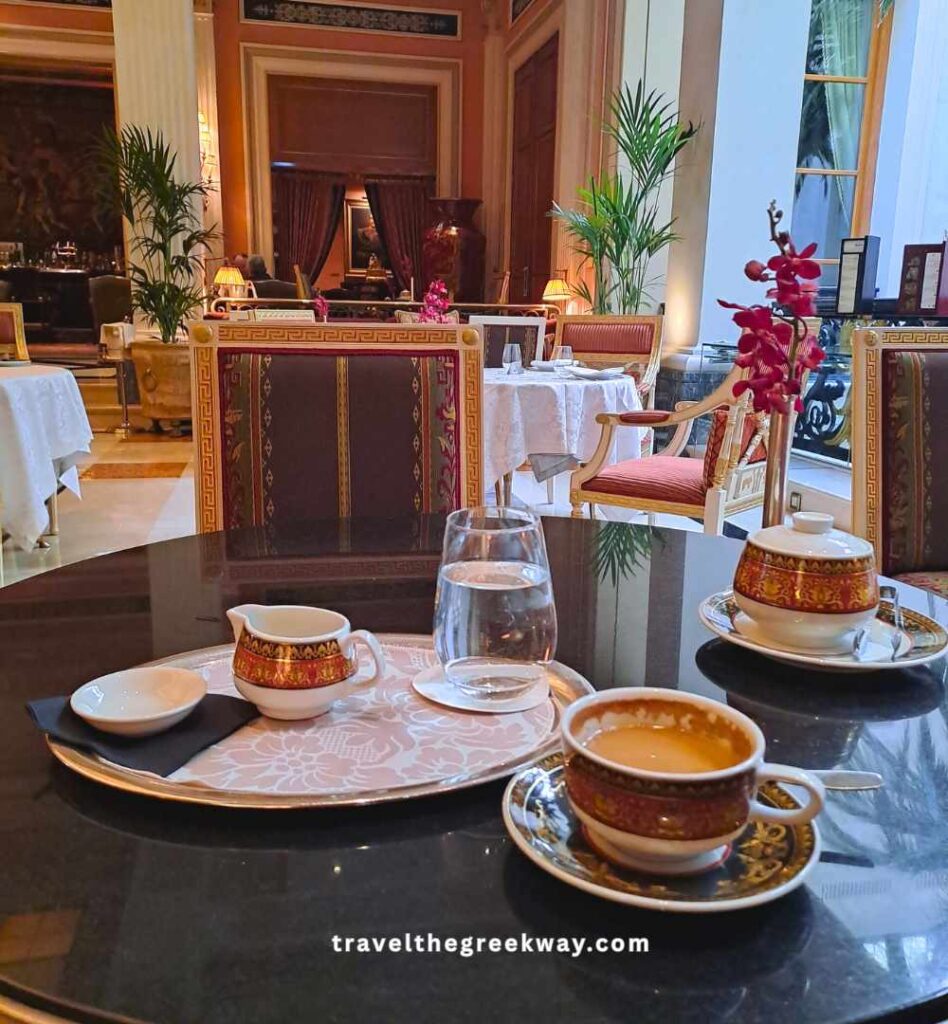 Greek coffee in a Greek-patterned cup at the Winter Garden atrium, Hotel Grande Bretagne, Athens.