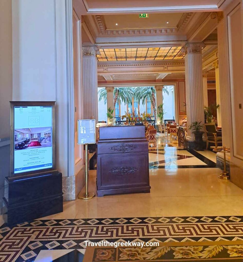The entrance of the winter garden in the Hotel Grande Bretagne.