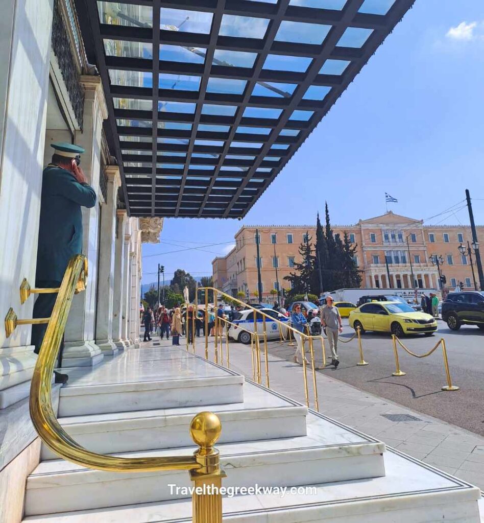 Entrance of the Hotel Grande Bretagne overlooking the Hellenic Parliament in central Athens.