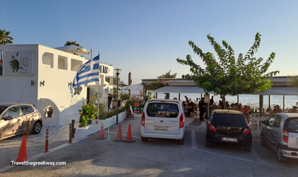 Edem Beach Restaurant entrance in Paleo Faliro with outdoor seating and a view of the sea.