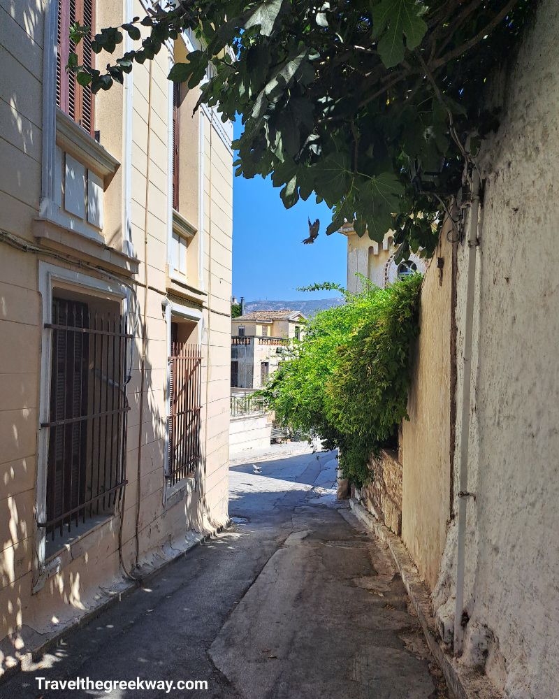  A charming, narrow street in Plaka, Athens, with colorful buildings, blooming flowers, and a traditional Athenian atmosphere.