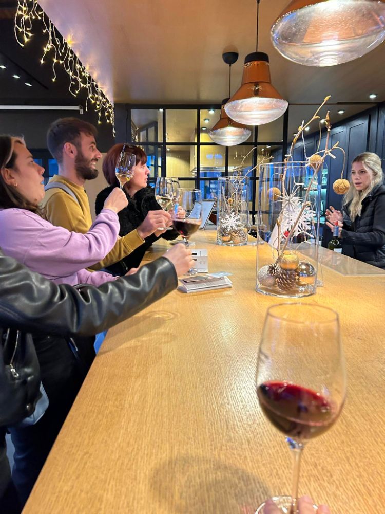 Group of friends participating in a wine tasting session in Kalamata, raising glasses in a cozy, modern setting.