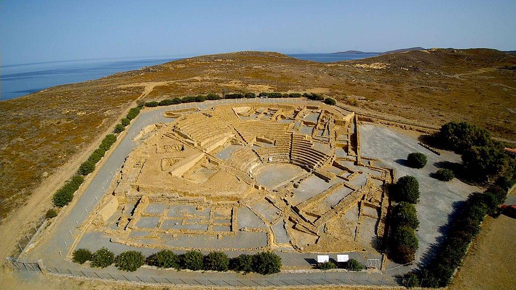 Aerial view of the ancient theater of Hephaestia in Lemnos, with the coastline in the background.