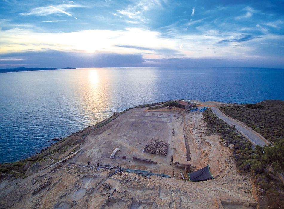 A sunset view over the archaeological site of Kaveirio in Lemnos, with the sea stretching into the horizon.