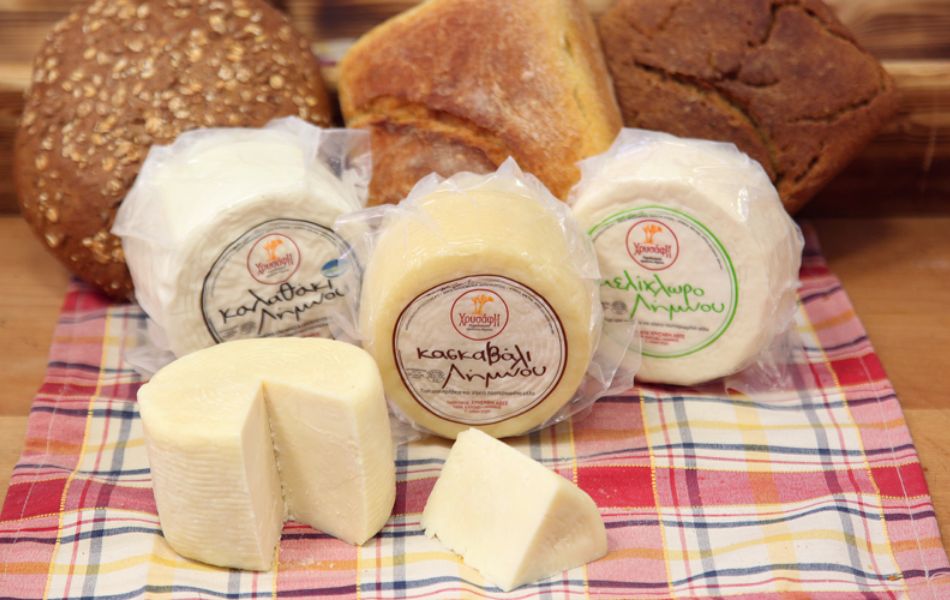 Traditional Lemnos cheeses displayed with bread.